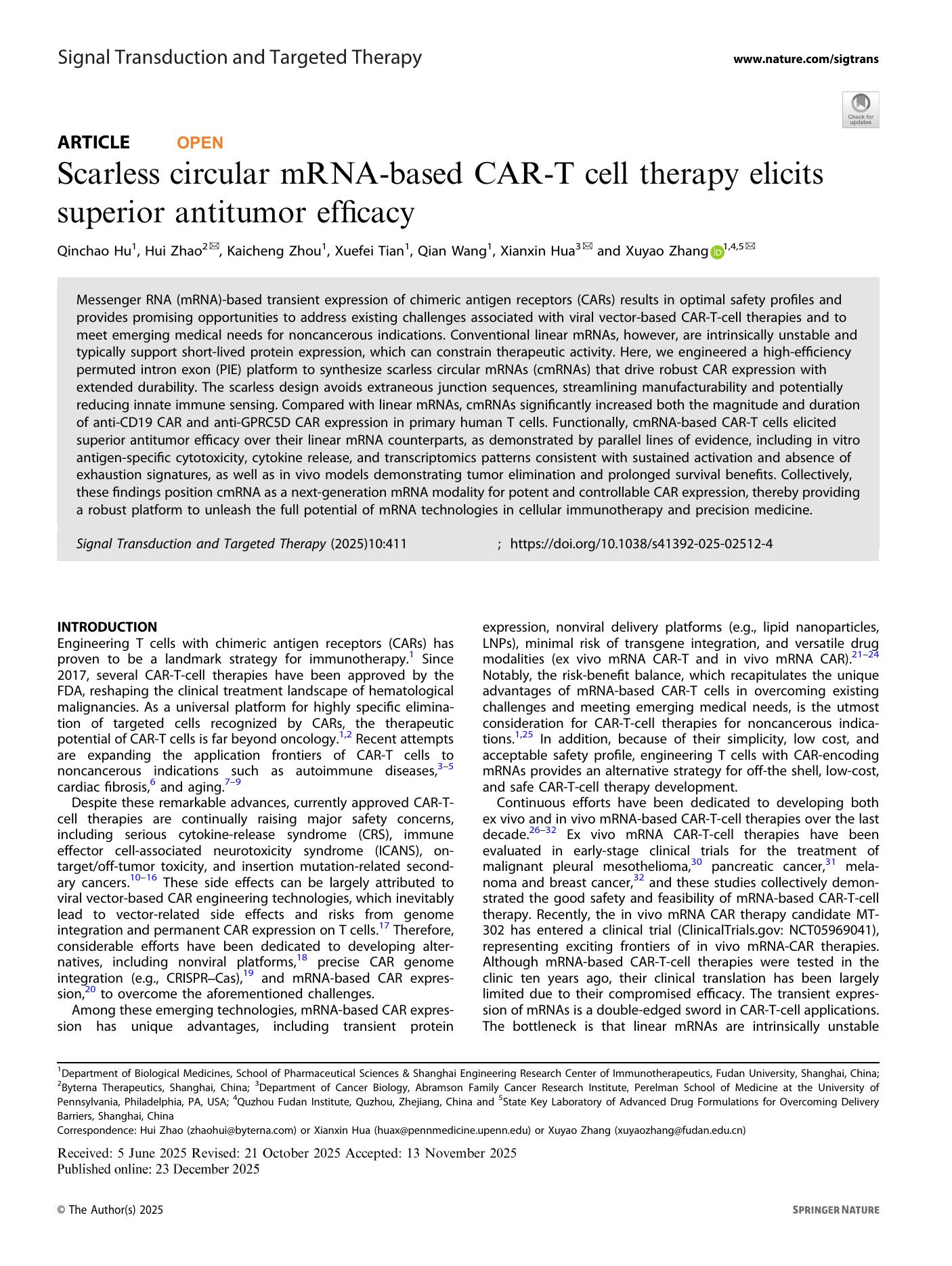 First page of the preclinical ex vivo circular mRNA CAR-T publication in Signal Transduction and Targeted Therapy